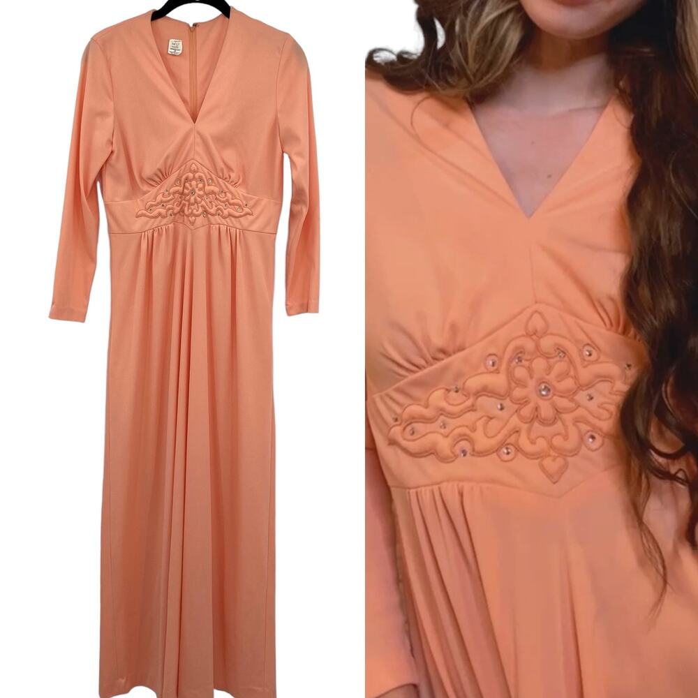 Vintage 60s 70s Maxi Dress Peach Empire Waist Renaissance Womens Size Small